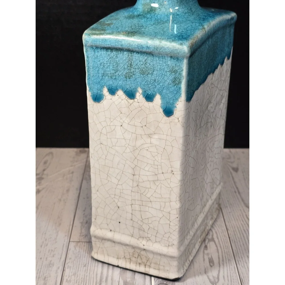 *Vintage Studio Pottery Vase Turquoise Drip Glaze White Crackle Square Modernist